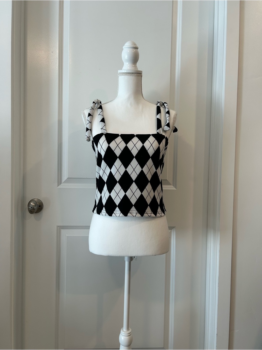 Black & White Argyle Tie-Shoulder Tank Top - Women's